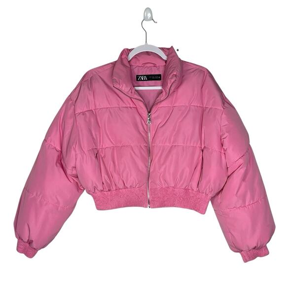 ZARA Size L Pink Cropped Puffer Coat Jacket - Picture 1 of 4